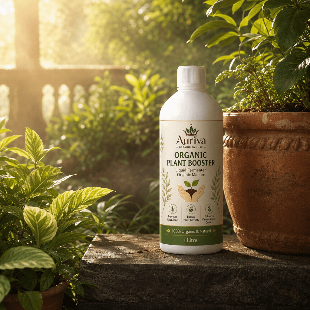 Auriva 1 litre bottle in a warm terrace garden
