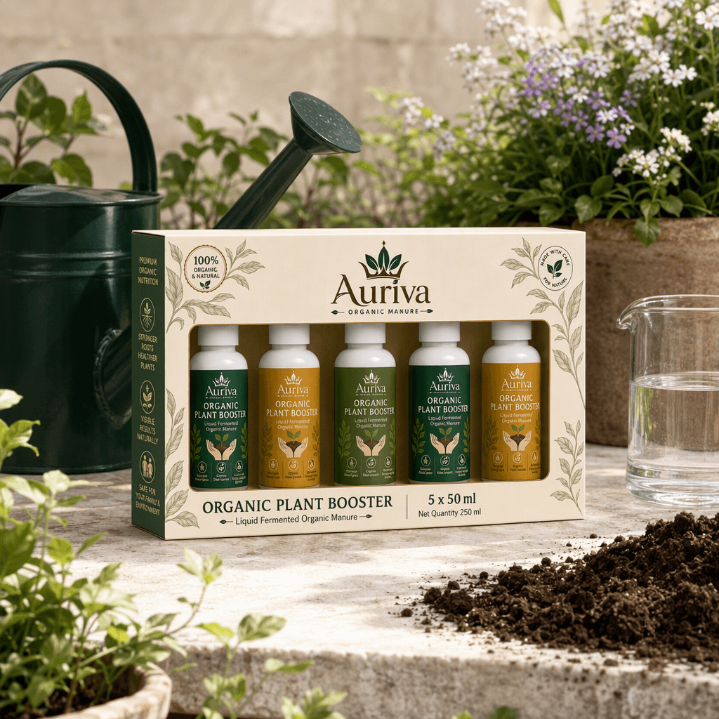 Auriva home garden set beside a watering can, measuring vessel and healthy soil