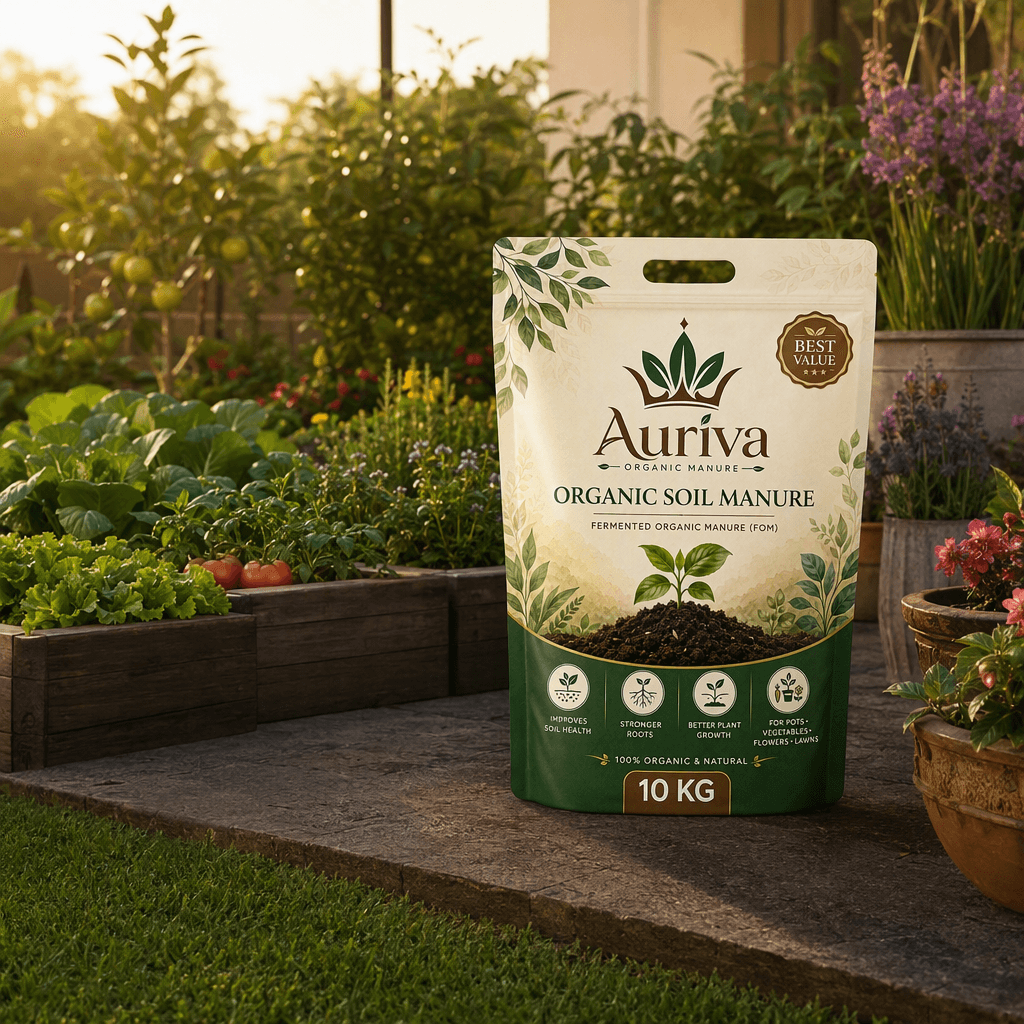 Auriva 10 kg Organic Soil Manure in a generous terrace kitchen garden