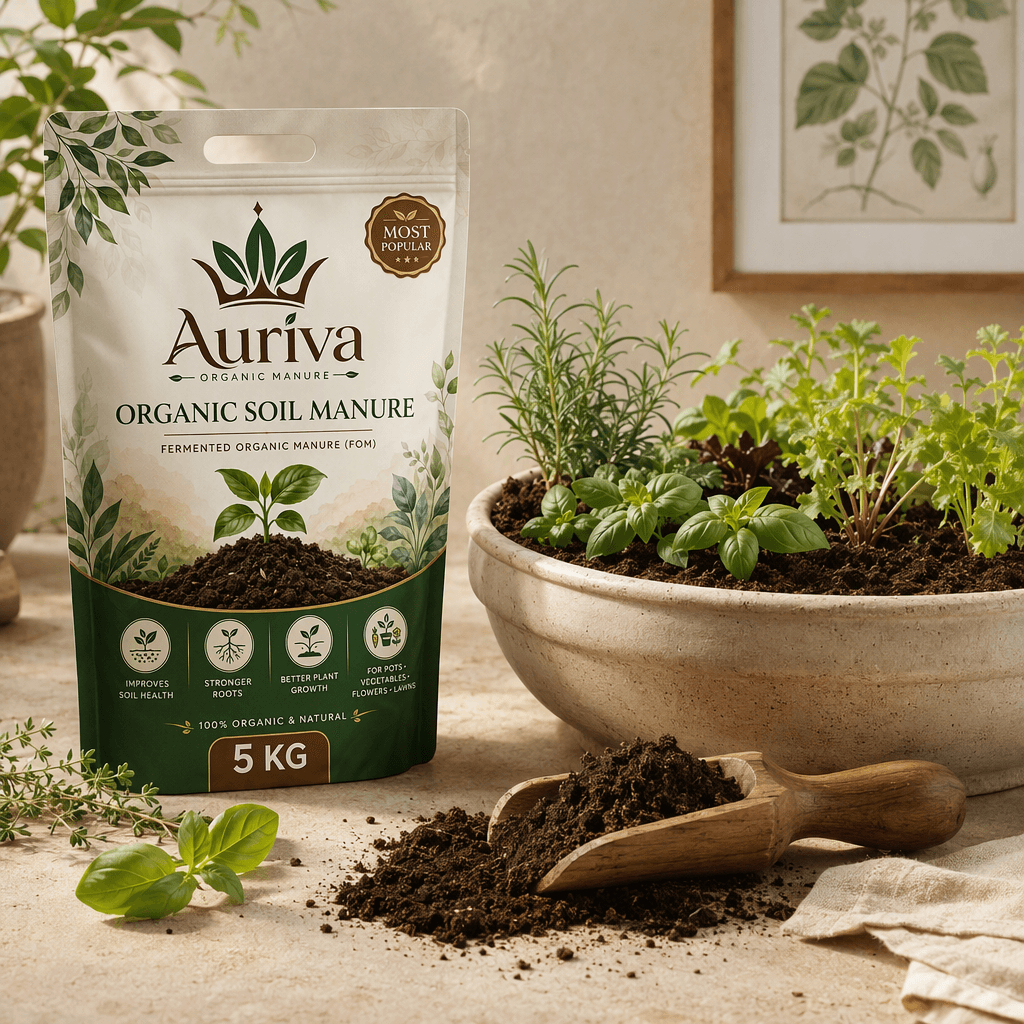 Auriva 5 kg Organic Soil Manure beside a soil scoop and planted herbs