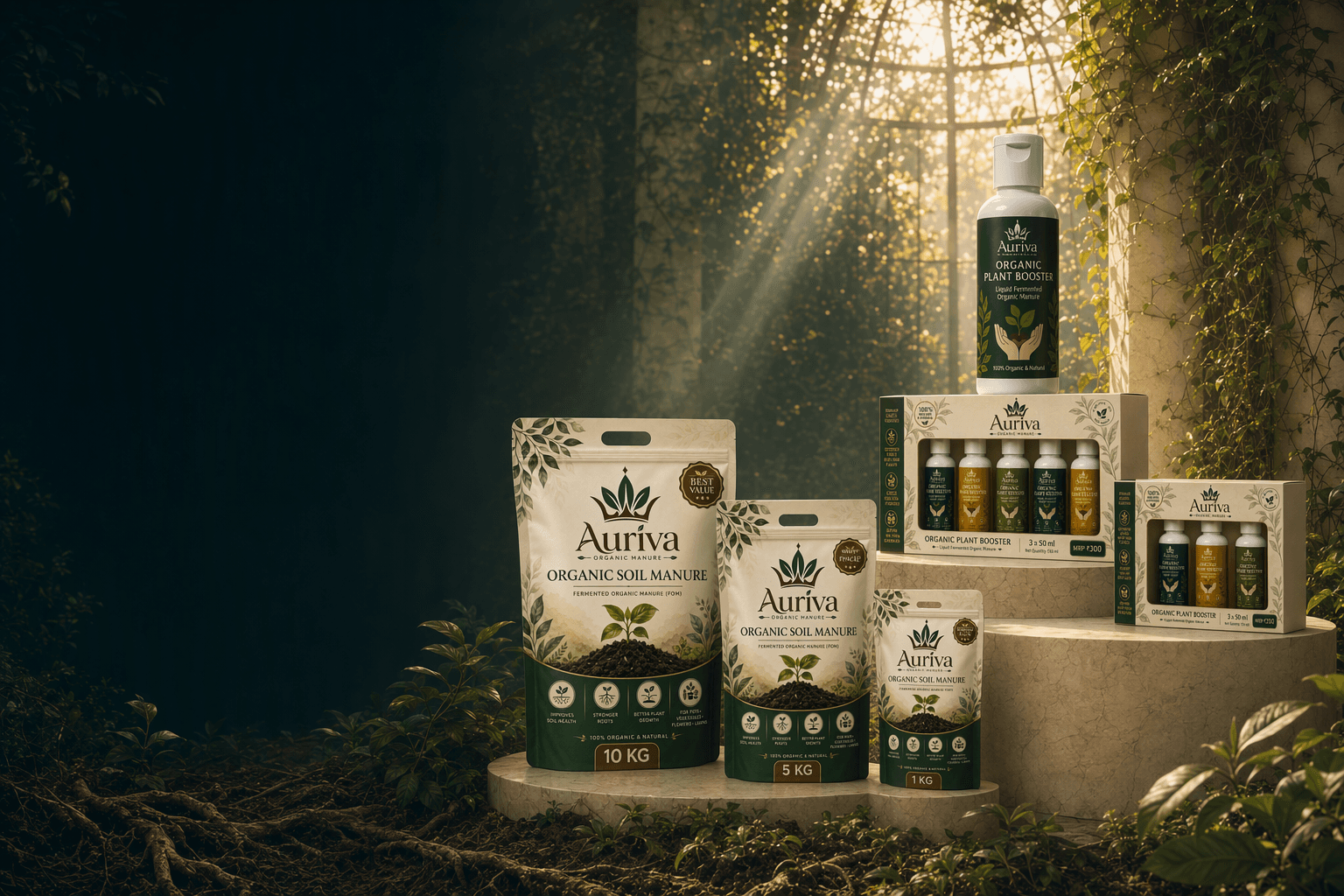 Auriva liquid plant booster and solid organic soil manure collections in a sunlit botanical conservatory